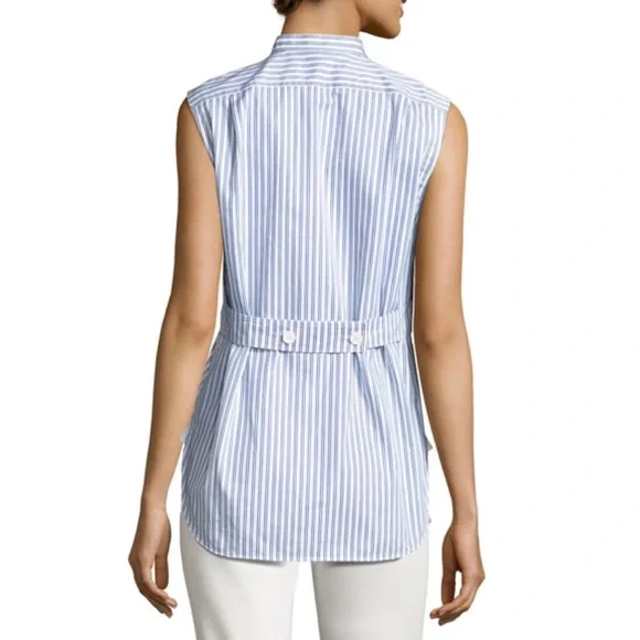 Helmut Lang Blue Striped Sleeveless Tie-Front Cotton Poplin Shirt Size Medium - Picture 2 of 13